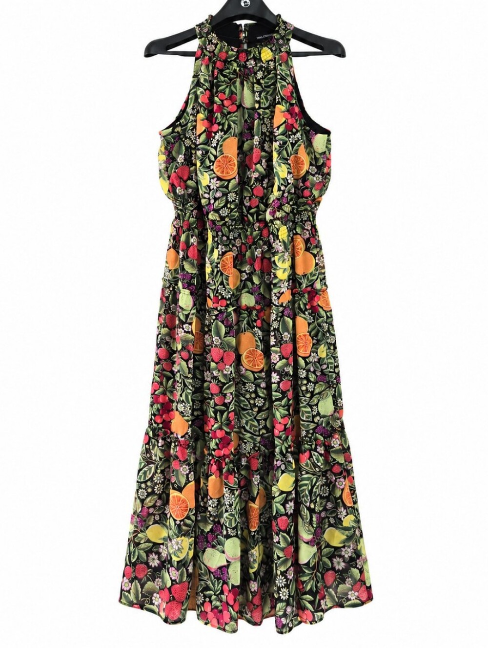 Nina Leonard Sleeveless Smocked Neck Fruit Print Midi Dress 1X